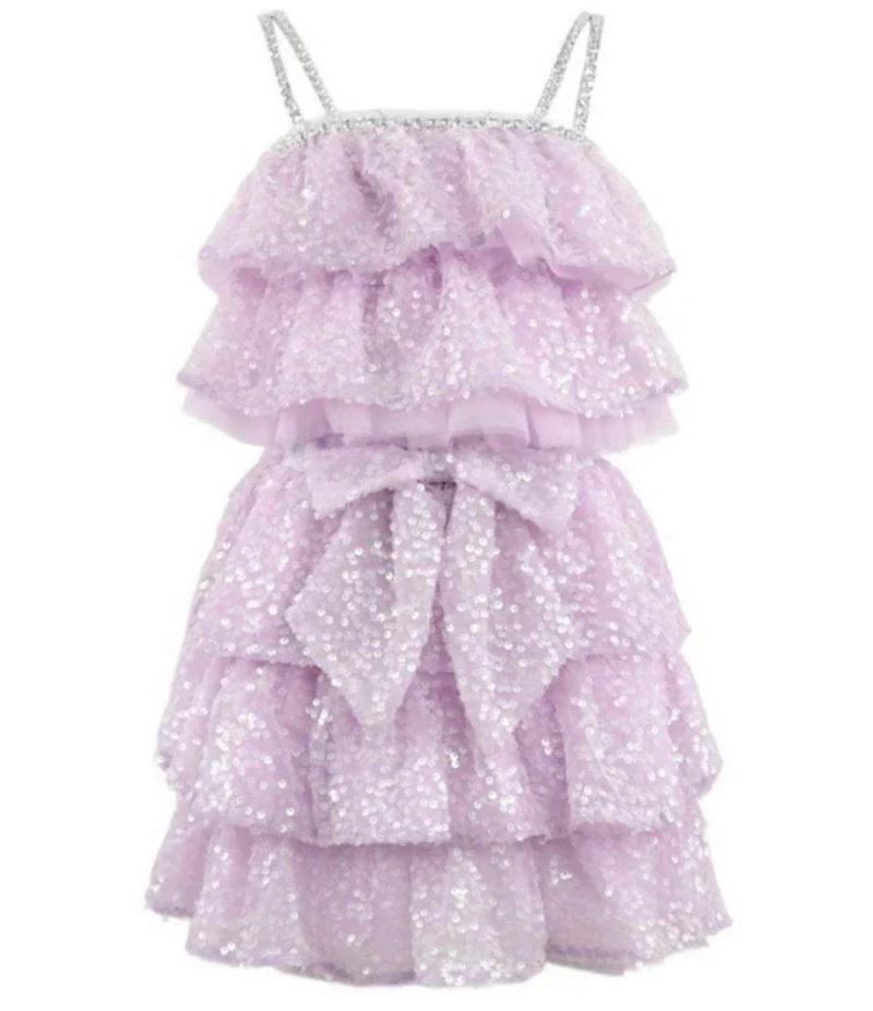 Lola + The Boys Girls Lavender Sequin Bow Layered Set Dress