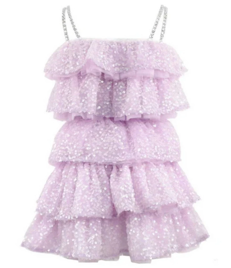 Lola + The Boys Girls Lavender Sequin Bow Layered Set Dress