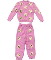 Lola + The Boys Girls Pinky Fuzzy Emoji Pullover & Jogger Set
