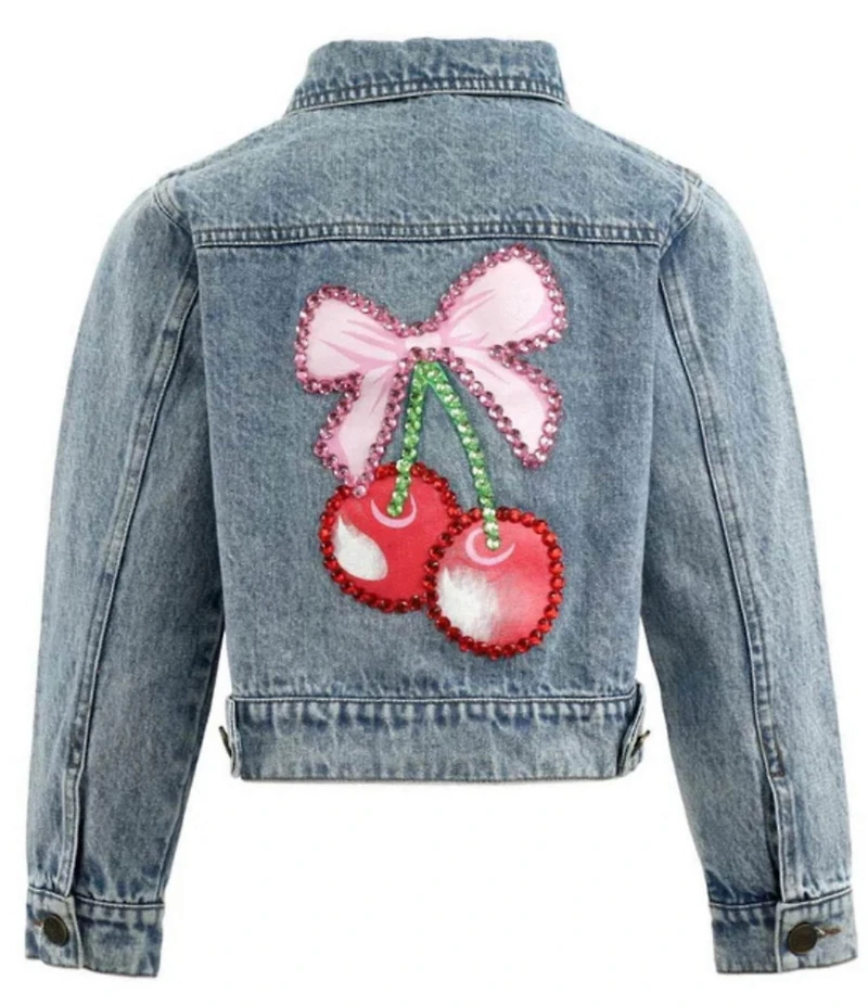 Lola + The Boys Girls Rhinestone Embellished Cherry Bow Denim Jacket