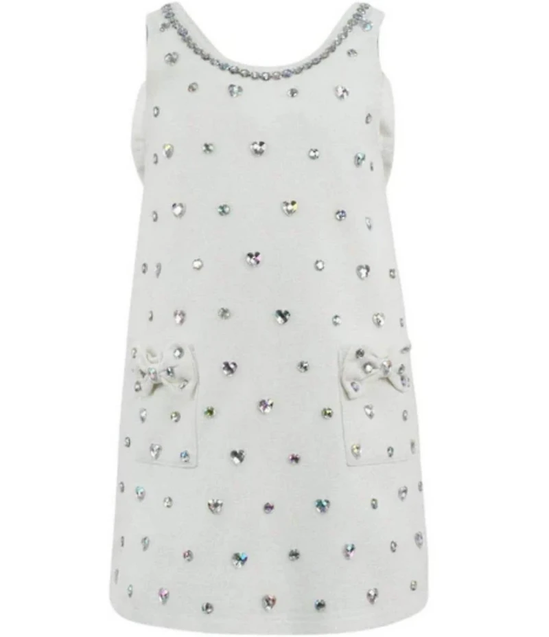 Lola + The Boys Girls Rhinestone Heart Embellished Bow Back Denim Dress