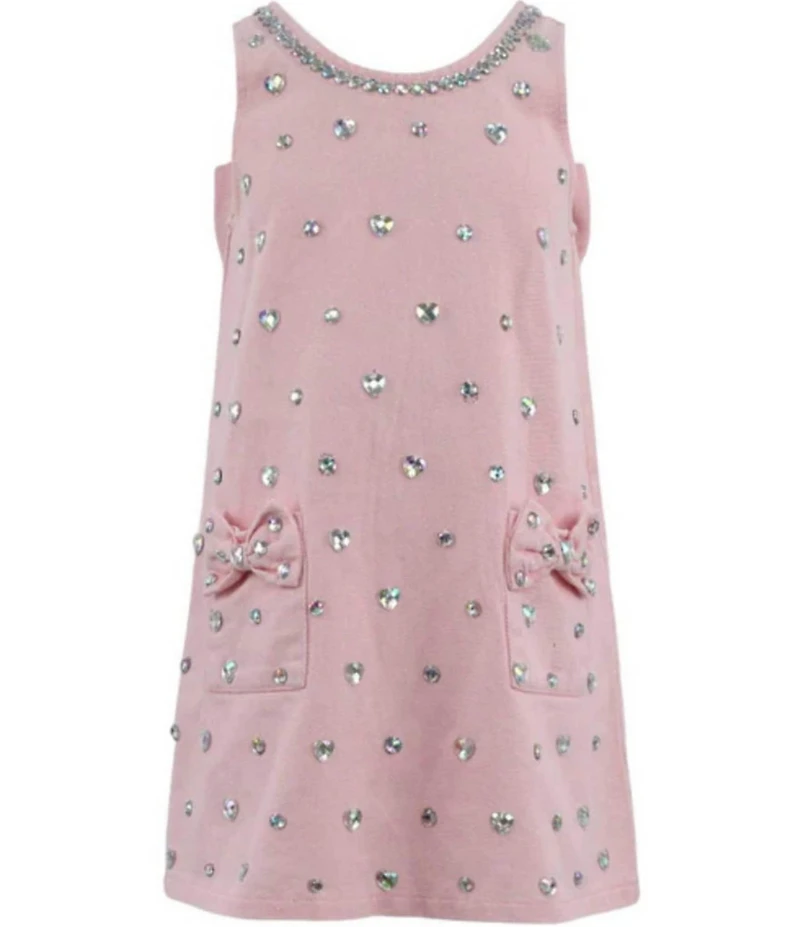 Lola + The Boys Girls Rhinestone Heart Embellished Bow Back Denim Dress
