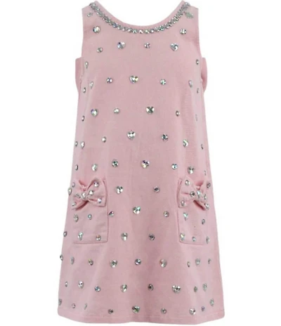 Lola + The Boys Girls Rhinestone Heart Embellished Bow Back Denim Dress