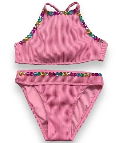 Lola + The Boys Little/Big Girls Heart Gem High Neck Ribbed Top & Bikini Bottoms 2-Piece Swimsuit