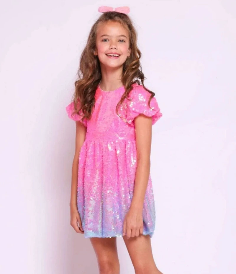 Lola + The Boys Little/Big Girls Ombre Sequin Shimmer Puff Sleeve Dress