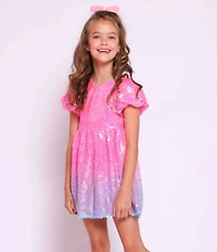 Lola + The Boys Little/Big Girls Ombre Sequin Shimmer Puff Sleeve Dress