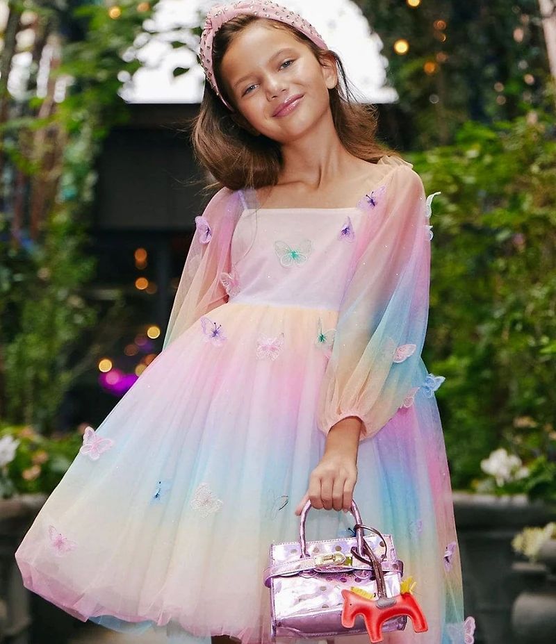 Lola + The Boys Little/Big Girls Rainbow Butterfly Ombre Long Sleeve Dress