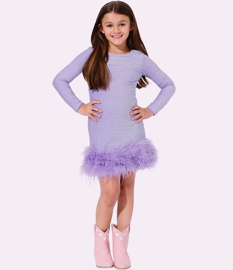 Lola + The Boys Little/Big Girls Shimmer Long Sleeve Feather Hem Dress