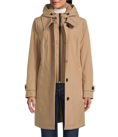 London Fog Hooded Neck Long Sleeve Button Front Water Resistant Rain Coat