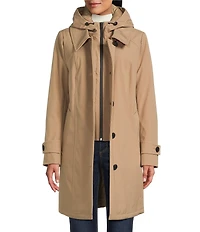 London Fog Hooded Neck Long Sleeve Button Front Water Resistant Rain Coat