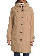 London Fog Hooded Neck Long Sleeve Button Front Water Resistant Rain Coat