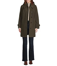 London Fog Hooded Neck Long Sleeve Button Front Water Resistant Rain Coat