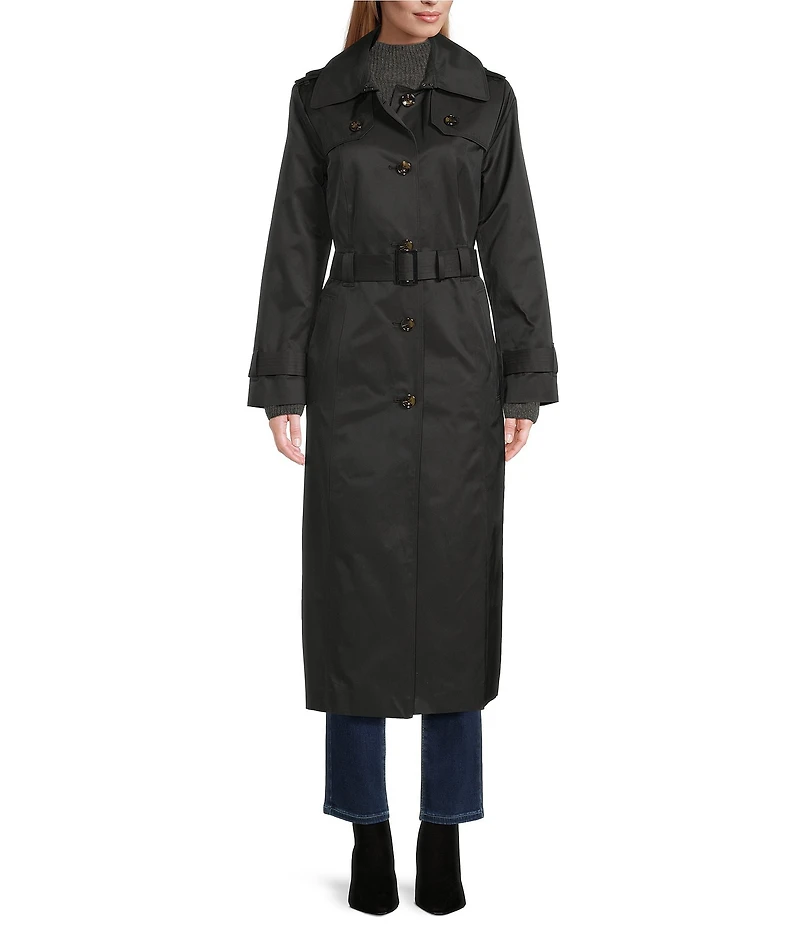 London Fog Point Collar Long Sleeve Belted Single Breasted Trench Coat