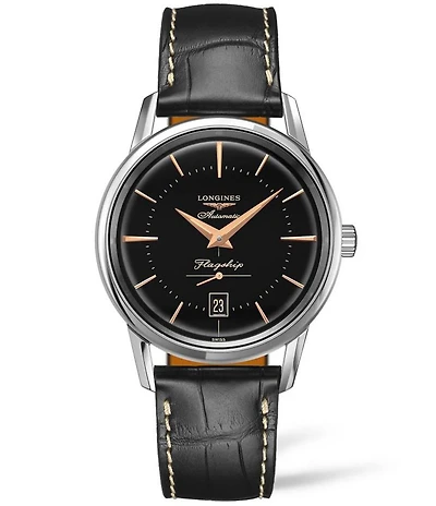 Longines Men's Heritage Flagship Automatic Stainless Steel Black Alligator Strap Watch