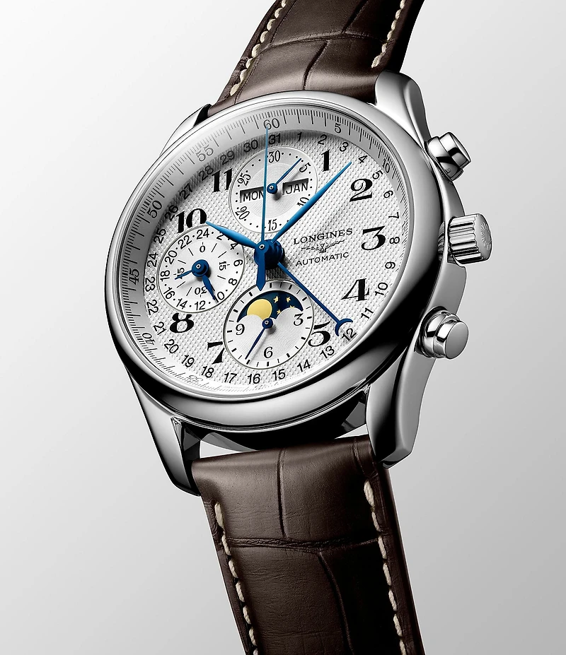 Longines Men's Master Collection Chronograph Silver Dial Brown Leather Strap Watch