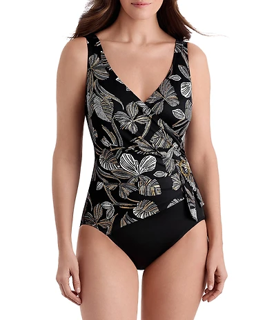 Longitude Gilded Garden Long Torso Buckle Shirred Surplice One-Piece Swimsuit