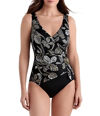 Longitude Gilded Garden Long Torso Buckle Shirred Surplice One-Piece Swimsuit