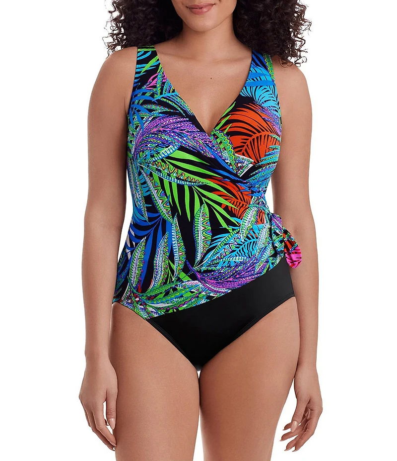 Longitude Jungle Boogie Long Torso V-Neck Tummy Control Surplice One-Piece Swimsuit
