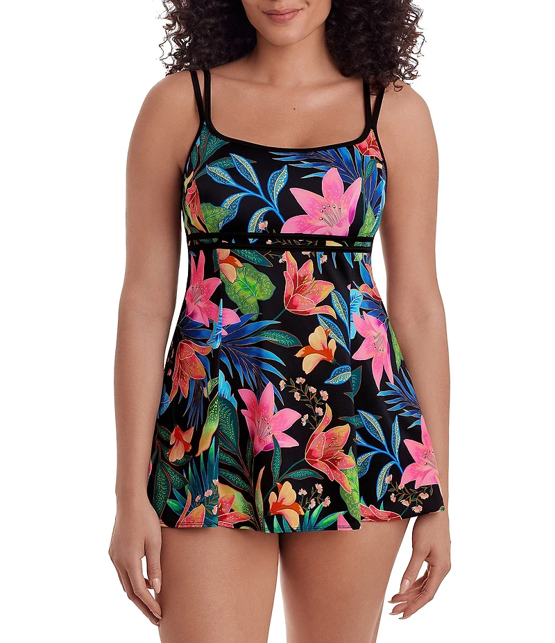 Longitude Midnight Plumeria Tropical Bloom Long Torso Empire Princess Seam Scoop Neck One Piece Swimdress