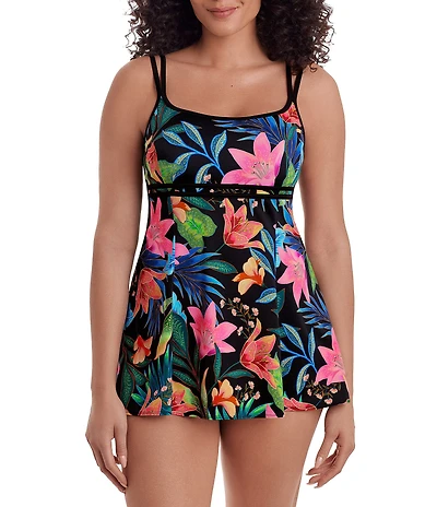 Longitude Midnight Plumeria Tropical Bloom Long Torso Empire Princess Seam Scoop Neck One Piece Swimdress
