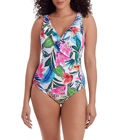 Longitude Midnight Plumeria Tropical Bloom Long Torso Ruffle Front Surplice One-Piece Swimsuit