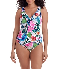 Longitude Midnight Plumeria Tropical Bloom Long Torso Ruffle Front Surplice One-Piece Swimsuit