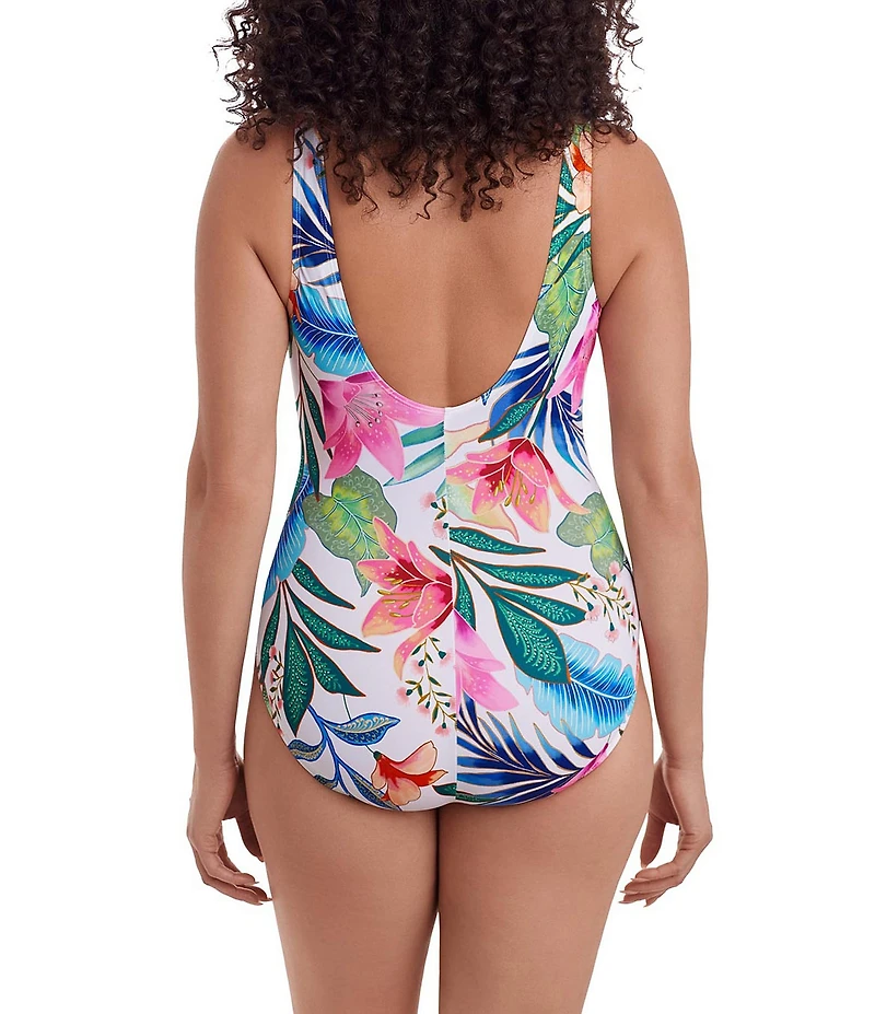 Longitude Midnight Plumeria Tropical Bloom Long Torso Ruffle Front Surplice One-Piece Swimsuit