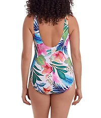 Longitude Midnight Plumeria Tropical Bloom Long Torso Ruffle Front Surplice One-Piece Swimsuit