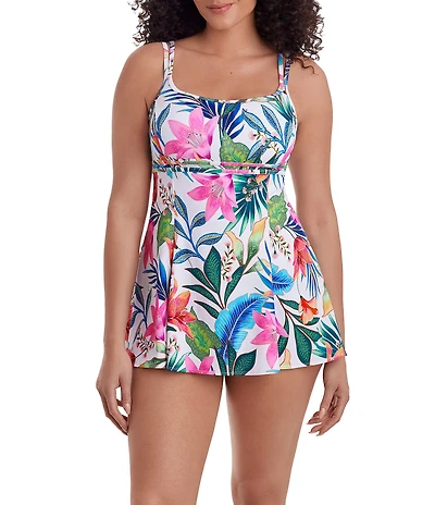 Longitude Midnight Plumeria Tropical Bloom Long Torso Scoop Neck Empire Princess Seam One Piece Swimdress