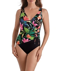 Longitude Midnight Plumeria Tropical Bloom Long Torso Shirred Side Tie Surplice One-Piece Swimsuit