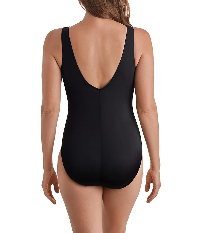 Longitude Midnight Plumeria Tropical Bloom Long Torso Shirred Side Tie Surplice One-Piece Swimsuit