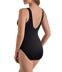 Longitude Midnight Plumeria Tropical Bloom Long Torso Shirred Side Tie Surplice One-Piece Swimsuit