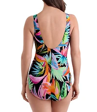 Longitude Tropical Palms Long Torso Side Shirred Surplice One-Piece Swimsuit