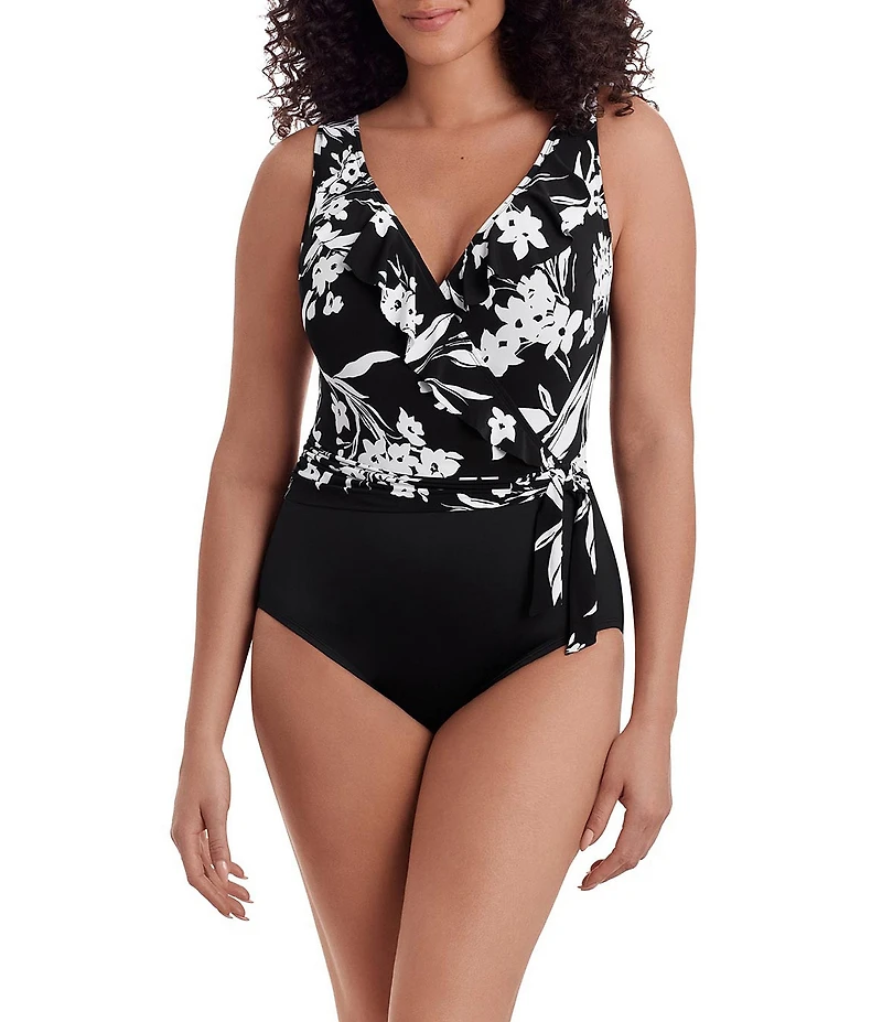 Longitude Vineyard Vacay Long Torso Ruffle Front Sash Surplice One-Piece Swimsuit