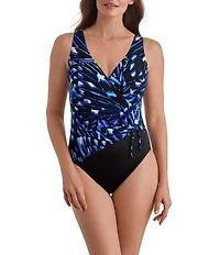 Longitude Wingful Thinking Abstract V-Neck Shirred Tummy Control Surplice One-Piece Swimsuit