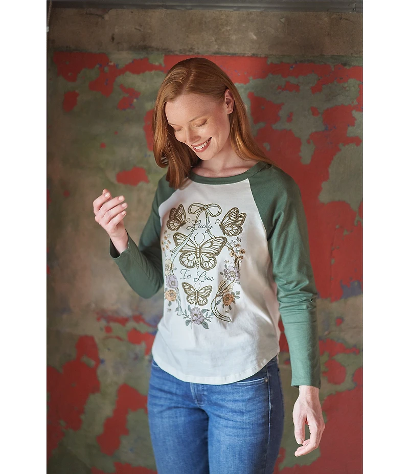 Lucky Brand Knit Cotton Lucky In Lover Butterfly Raglan Tee