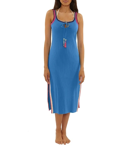 Lucky Brand Avila Ribbed Color Block Tie Tassel Midi Dress Swim Cover Up
