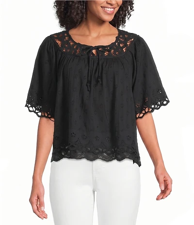 Lucky Brand Battenburg Lace Round Neck Short Sleeve Top