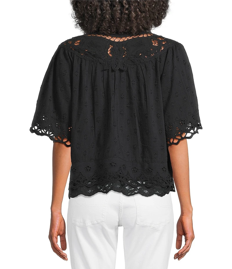 Lucky Brand Battenburg Lace Round Neck Short Sleeve Top