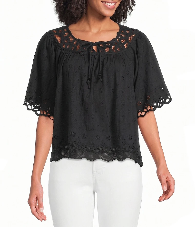 Lucky Brand Battenburg Lace Round Neck Short Sleeve Top