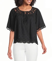 Lucky Brand Battenburg Lace Round Neck Short Sleeve Top