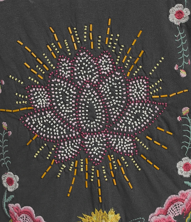 Lucky Brand Beaded Lotus Crew Neck Short Sleeve Tee Shirt