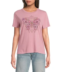 Lucky Brand Celestial Floral Butterfly Crew Neck Short Sleeve Tee Shirt