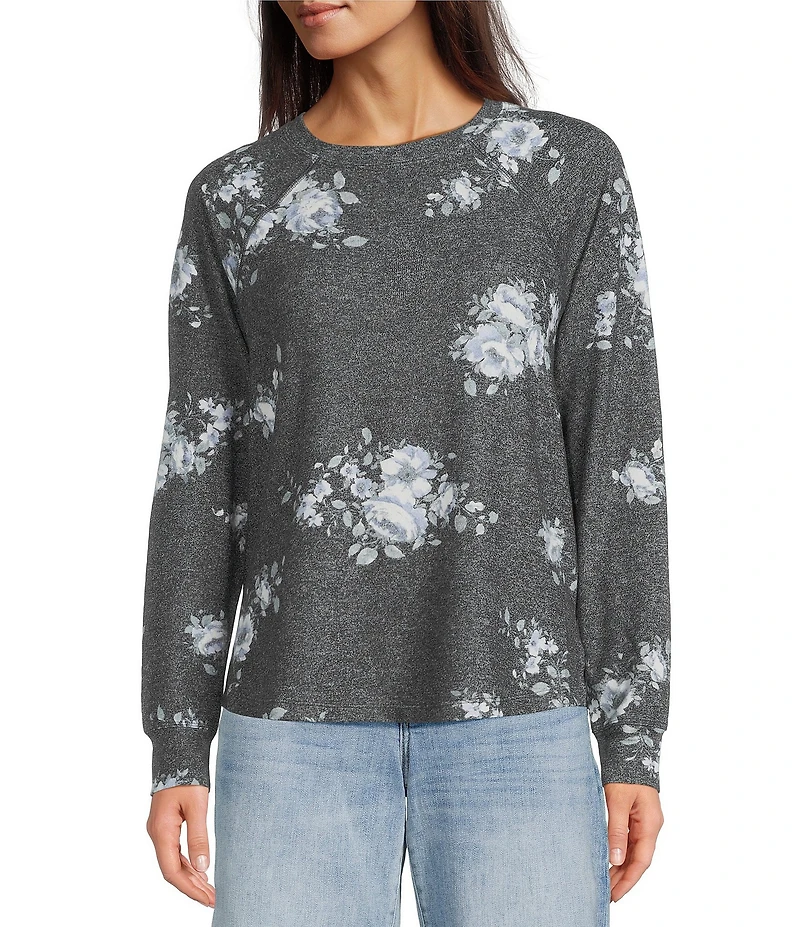 Lucky Brand Cloud Floral Knit Crew Neck Long Sleeve Top