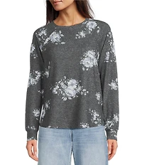 Lucky Brand Cloud Floral Knit Crew Neck Long Sleeve Top