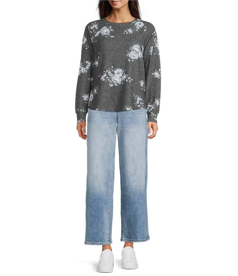 Lucky Brand Cloud Floral Knit Crew Neck Long Sleeve Top