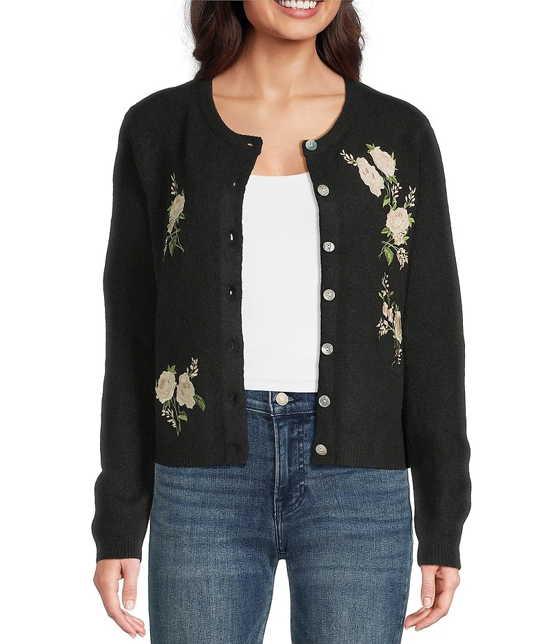 Lucky Brand Cloud Knit Crew Neck Long Sleeve Floral Embroidered Cardigan