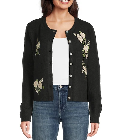 Lucky Brand Cloud Knit Crew Neck Long Sleeve Floral Embroidered Cardigan