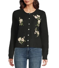 Lucky Brand Cloud Knit Crew Neck Long Sleeve Floral Embroidered Cardigan