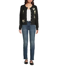 Lucky Brand Cloud Knit Crew Neck Long Sleeve Floral Embroidered Cardigan